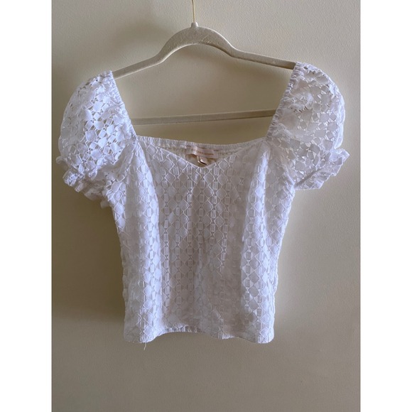 Monteau Los Angeles Tops - Monteau White Lace Puff Sleeve Smocked Crop Top Cottagecore Women's M
